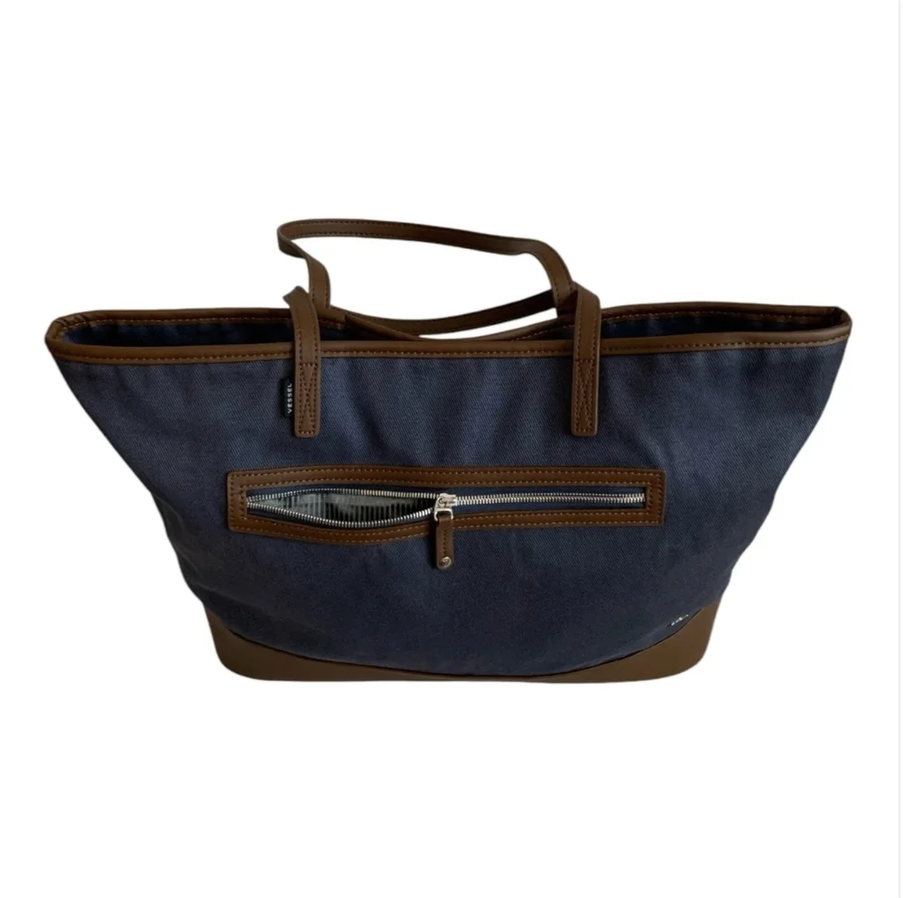VESSEL Brown Blue Denim Canvas Leather Tote Bag Weekend Shoulder Zip Very Good